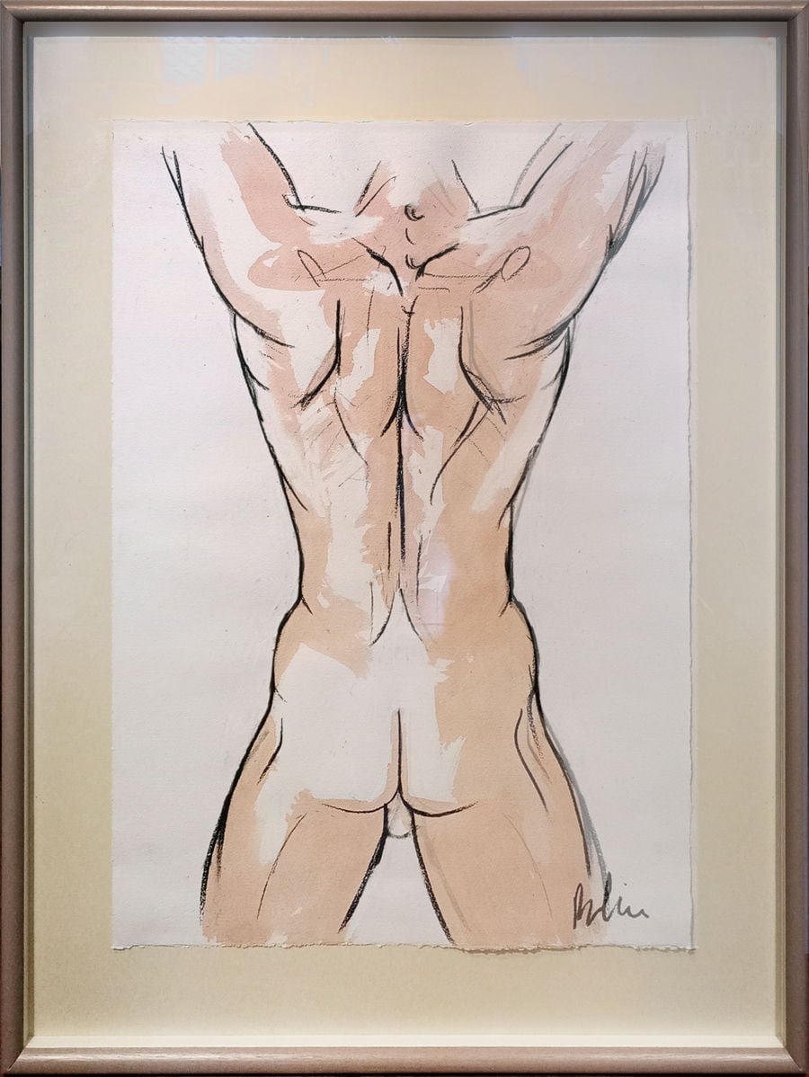A sportive torso of a young man drawn with charcoal and ink in a frame with signature